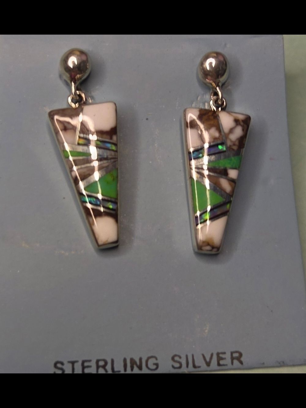 CM Sterling Silver Gaspeite Jasper Inlay Triangle Drop Earrings
